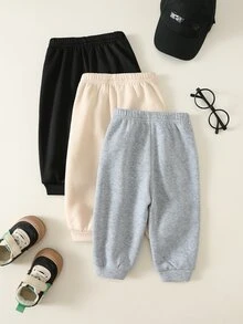 SHEIN 中性嬰兒男/女童、幼兒 3 件組秋冬保暖內裡加厚休閒時尚運動長褲多件套裝，嬰兒冬季下身褲 - 黑色 - 查看 2