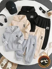 SHEIN 中性嬰兒男/女童、幼兒 3 件組秋冬保暖內裡加厚休閒時尚運動長褲多件套裝，嬰兒冬季下身褲 - 黑色 - 查看 1