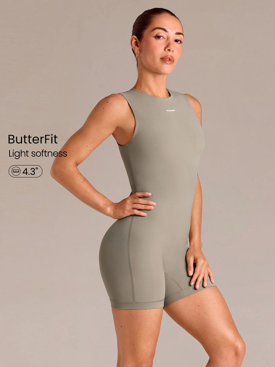 GLOWMODE 4.3" ButterFit Lightweight Sweat-Wicking Stretchy Non-Padded Bodysuit With Concealed Back Zipper Anti-Slip Hem Grips Yoga Pilates - Khaki - View 1