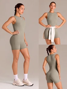 GLOWMODE 4.3" ButterFit Lightweight Sweat-Wicking Stretchy Non-Padded Bodysuit With Concealed Back Zipper Anti-Slip Hem Grips Yoga Pilates - Khaki - View 8