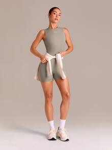 GLOWMODE 4.3" ButterFit Lightweight Sweat-Wicking Stretchy Non-Padded Bodysuit With Concealed Back Zipper Anti-Slip Hem Grips Yoga Pilates - Khaki - View 7
