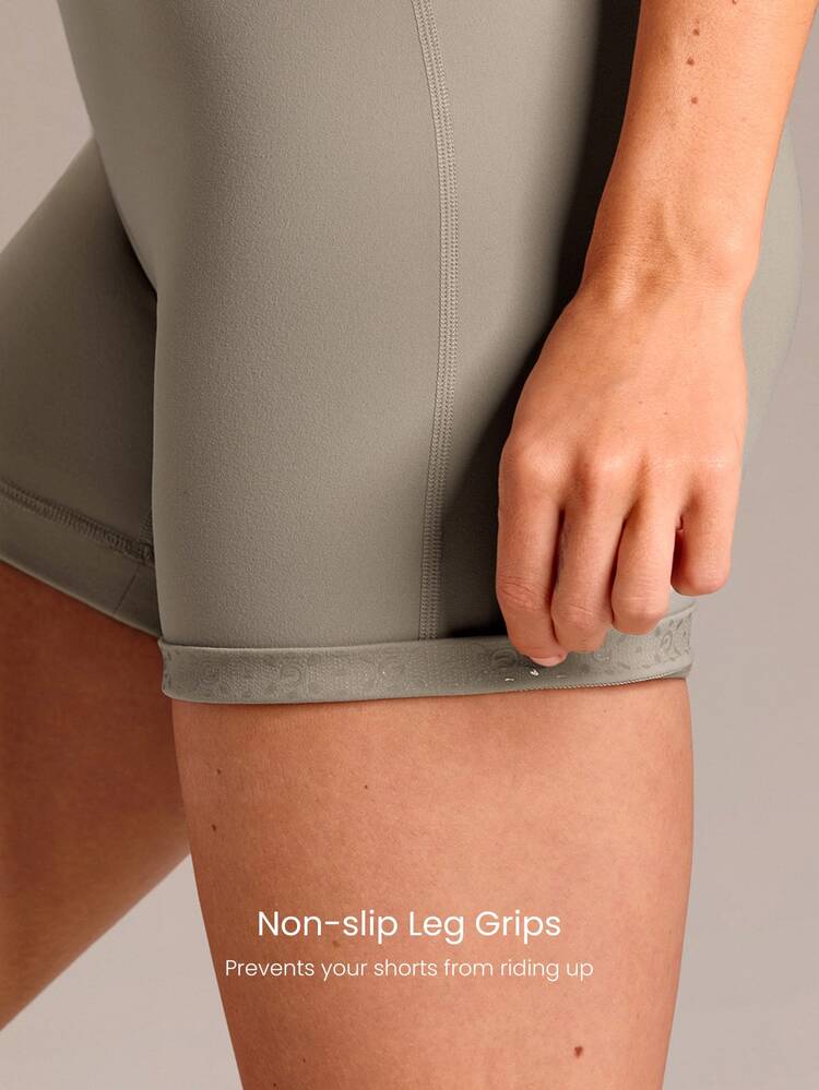 GLOWMODE 4.3" ButterFit Lightweight Sweat-Wicking Stretchy Non-Padded Bodysuit With Concealed Back Zipper Anti-Slip Hem Grips Yoga Pilates - Khaki - View 4