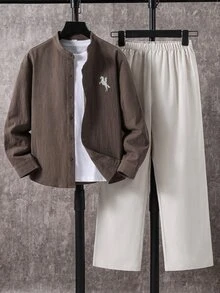 SHEIN 2件組兒童青少年男孩休閒日常印花立領鈕扣式寬鬆長袖灰色襯衫直筒白色長褲套裝，春夏秋冬適用，家庭聚會、開學季、婚禮季、運動、生日派對 - 灰色 - 查看 4
