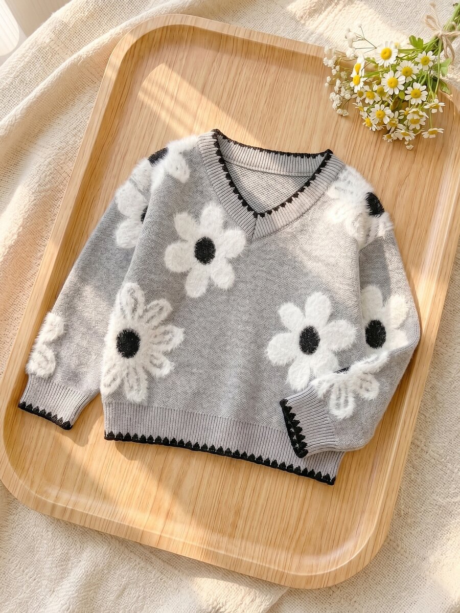 SHEIN 女嬰秋冬時尚可愛花卉圖案毛絨軟綿親膚針織套頭毛衣,手工袖口與領口設計,優雅百搭風格 - 淺灰色 - 查看 1
