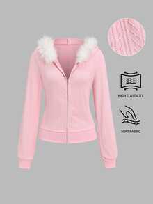 Sweetra Women's Long Sleeve Zip-Up Hooded Sweatshirt With Patchwork Fur Trim Vacation School Pink Checkered Fall Y2k Cute - Pink - View 1