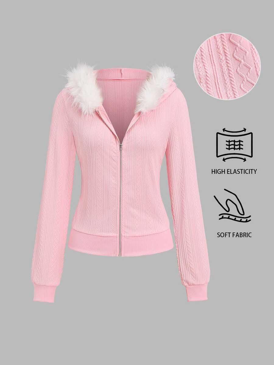 Sweetra Women's Long Sleeve Zip-Up Hooded Sweatshirt With Patchwork Fur Trim Vacation School Pink Checkered Fall Y2k Cute - Pink - View 1