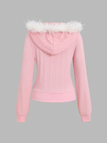 Sweetra Women's Long Sleeve Zip-Up Hooded Sweatshirt With Patchwork Fur Trim Vacation School Pink Checkered Fall Y2k Cute - Pink - View 2
