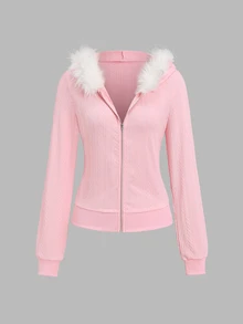 Sweetra Women's Long Sleeve Zip-Up Hooded Sweatshirt With Patchwork Fur Trim Vacation School Pink Checkered Fall Y2k Cute - Pink - View 3