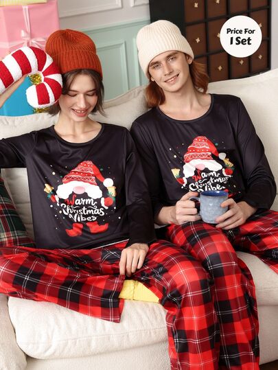 Chillnights Men's Christmas Plaid Santa Claus Print Knit Long Sleeve Pants Loungewear Set