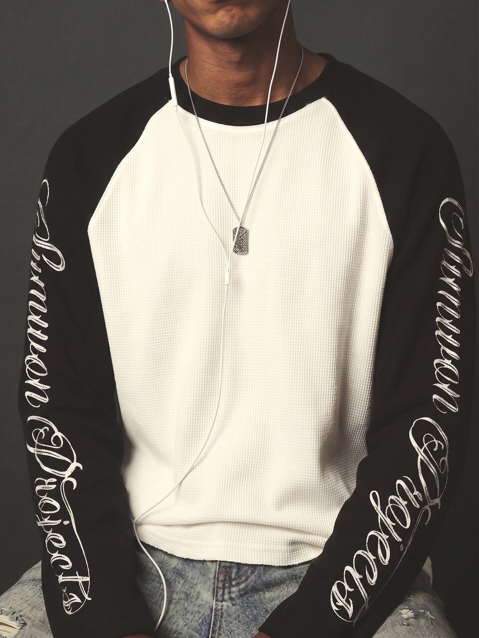 Common Projects Raglan Long Sleeve Tee With Script Logo Sleeve Print Crew Neck Color Block Top Fall Winter Essential