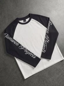 SUMWON Áo thun tay dài raglan Common Projects cổ tròn phối màu, in logo chữ viết tay ở tay áo, món đồ cơ bản cho mùa thu đông - Đen và trắng - Xem 5
