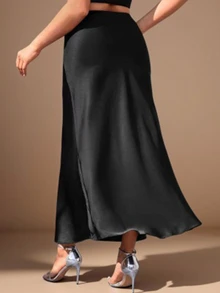 SHEIN Clasi Plus Size Women's Long Solid Color Elegant Satin Skirt Fall - Multicolor - View 2