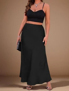 SHEIN Clasi Plus Size Women's Long Solid Color Elegant Satin Skirt Fall - Multicolor - View 3