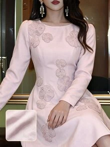 Heiryn 女款 3D 花卉裝飾休閒浪漫優雅日常秋季洋裝 婚禮雞尾酒晚會派對 新娘母親裝 灰粉色 - 粉色 - 查看 2