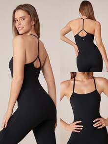 GLOWMODE 24" ButterFit Power Up Y-Back Jumpsuit Low Impact Yoga Pilates Daily Removable Cups - Black - View 9