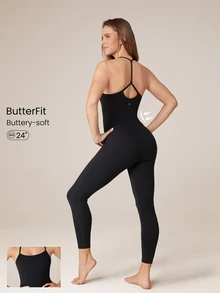 GLOWMODE 24" ButterFit Power Up Y-Back Jumpsuit Low Impact Yoga Pilates Daily Removable Cups - Black - View 1