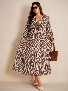 Elaquor Plus Zebra Striped Knot Front Lantern Sleeve Dress Fall/Winter Casual Daily Going Out Dress For Women Casual Vacation Brunch Outfit Dress For Women - Multicolor - View 6
