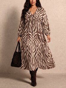 Elaquor Plus Zebra Striped Knot Front Lantern Sleeve Dress Fall/Winter Casual Daily Going Out Dress For Women Casual Vacation Brunch Outfit Dress For Women - Multicolor - View 10