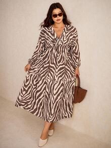 Elaquor Plus Zebra Striped Knot Front Lantern Sleeve Dress Fall/Winter Casual Daily Going Out Dress For Women Casual Vacation Brunch Outfit Dress For Women - Multicolor - View 5