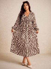 Elaquor Plus Zebra Striped Knot Front Lantern Sleeve Dress Fall/Winter Casual Daily Going Out Dress For Women Casual Vacation Brunch Outfit Dress For Women - Multicolor - View 9