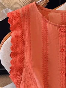 GlowEve Women's Solid Color Round Neck Single-Breasted Casual Shirt - Orange - View 4