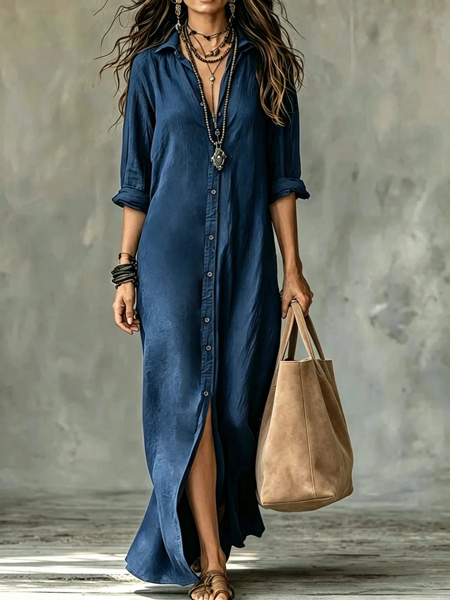 SHEIN Gaun Kemeja Linen Cokelat Santai Model Terbuka Depan dengan Kerah V-Neck Lengan Panjang Bergaya Vintage - Dusty Blue - View 1