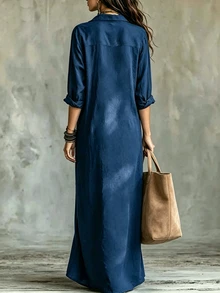 SHEIN Gaun Kemeja Linen Cokelat Santai Model Terbuka Depan dengan Kerah V-Neck Lengan Panjang Bergaya Vintage - Dusty Blue - View 2