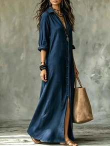 SHEIN Gaun Kemeja Linen Cokelat Santai Model Terbuka Depan dengan Kerah V-Neck Lengan Panjang Bergaya Vintage - Dusty Blue - View 3