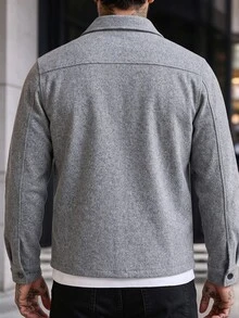 Manfinity Homme 2026秋季男士復古工裝度假登山襯衫外套，都市休閒風，麻灰色紋理 - 灰色 - 查看 2