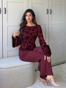 Veilorie 女款花卉印花不對稱下擺上衣與長褲兩件套 - 酒紅色 - 查看 6