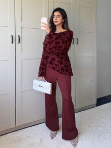 Veilorie 女款花卉印花不對稱下擺上衣與長褲兩件套 - 酒紅色 - 查看 8
