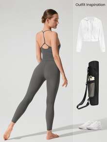 GLOWMODE 24" ButterFit Power Up Y-Back Jumpsuit Low Impact Yoga Pilates Daily Removable Cups - Dark Grey - View 8