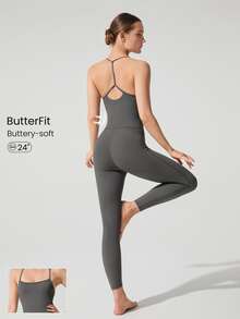 GLOWMODE 24" ButterFit Power Up Y-Back Jumpsuit Low Impact Yoga Pilates Daily Removable Cups - Dark Grey - View 1