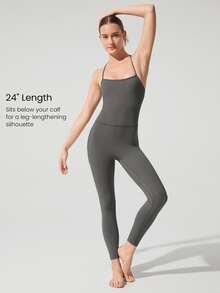 GLOWMODE 24" ButterFit Power Up Y-Back Jumpsuit Low Impact Yoga Pilates Daily Removable Cups - Dark Grey - View 2
