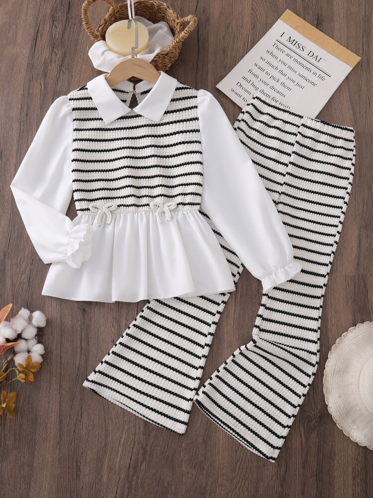 Tween Girls Spring Autumn Casual Shirt Set, 3D Bow Design Knit Black & White Jacquard Striped Knitted Patchwork Woven Fabric, White Long Sleeve Lapel Collar Ruffle Hem 2 In 1 Shirt, Suitable For Back To School Season, Casual Fashion Sweet Cute Comfortable Outing Travel Outfit - White - View 3