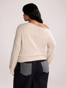Rustia Plus Size Women's Equestrian Embroidered Asymmetric Shoulder Ribbed Long Sleeve Pullover Sweater Fall - Apricot - View 2