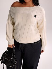 Rustia Plus Size Women's Equestrian Embroidered Asymmetric Shoulder Ribbed Long Sleeve Pullover Sweater Fall - Apricot - View 7