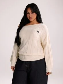 Rustia Plus Size Women's Equestrian Embroidered Asymmetric Shoulder Ribbed Long Sleeve Pullover Sweater Fall - Apricot - View 3