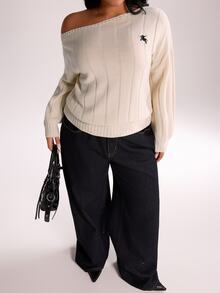 Rustia Plus Size Women's Equestrian Embroidered Asymmetric Shoulder Ribbed Long Sleeve Pullover Sweater Fall - Apricot - View 8