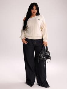Rustia Plus Size Women's Equestrian Embroidered Asymmetric Shoulder Ribbed Long Sleeve Pullover Sweater Fall - Apricot - View 6