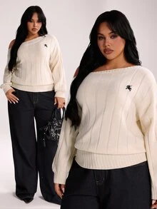 Rustia Plus Size Women's Equestrian Embroidered Asymmetric Shoulder Ribbed Long Sleeve Pullover Sweater Fall - Apricot - View 1