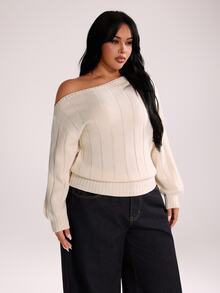 Rustia Plus Size Women's Equestrian Embroidered Asymmetric Shoulder Ribbed Long Sleeve Pullover Sweater Fall - Apricot - View 5