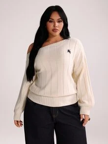 Rustia Plus Size Women's Equestrian Embroidered Asymmetric Shoulder Ribbed Long Sleeve Pullover Sweater Fall - Apricot - View 4
