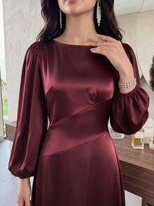 Feyla Solid Lantern Sleeve A-Line Dress - Burgundy - View 4