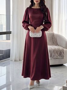 Feyla Solid Lantern Sleeve A-Line Dress - Burgundy - View 5