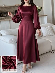 Feyla Solid Lantern Sleeve A-Line Dress - Burgundy - View 1