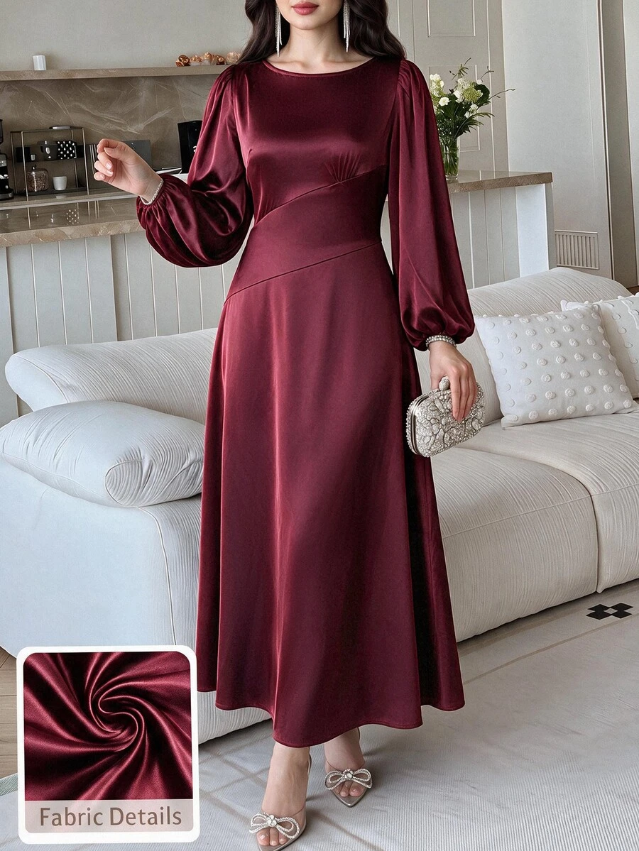 Feyla Solid Lantern Sleeve A-Line Dress - Burgundy - View 1