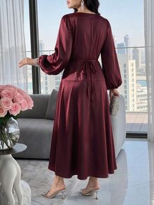 Feyla Solid Lantern Sleeve A-Line Dress - Burgundy - View 2