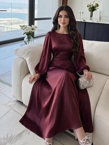 Feyla Solid Lantern Sleeve A-Line Dress - Burgundy - View 3
