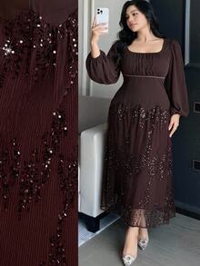 Feyla Plus Size Women's Sequin Mesh Patchwork Casual Party Dress - Coffee Brown - View 1